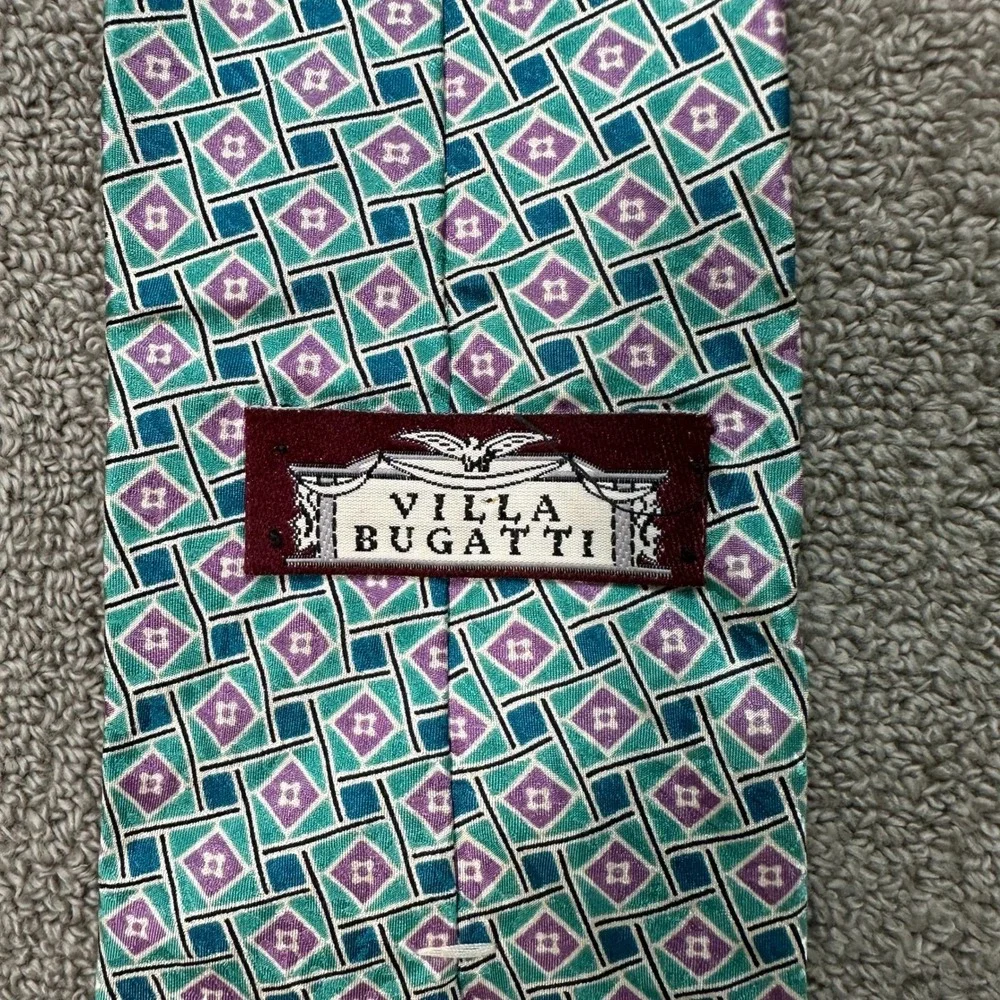 Villa Bugatti Mens Silk Necktie Teal Purple Geometric Diamond Made in USA 4x59